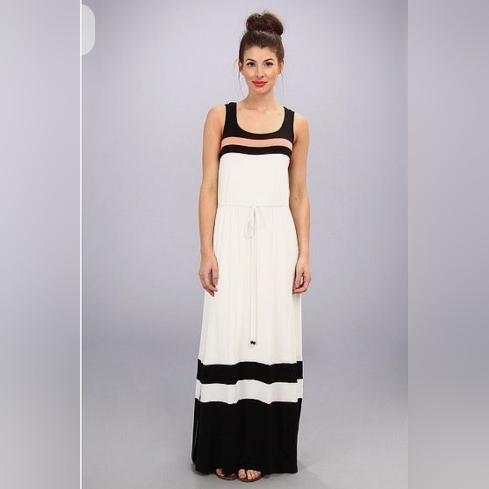Jessica Simpson Maxi Dress Stretch Rayon Sleveless Keyhole Ivory Black Pink XS